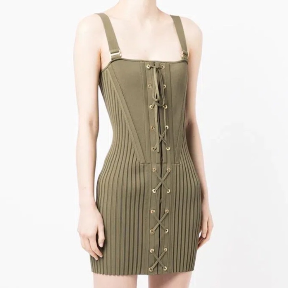 Dion Lee Laced Corset Knit Olive Green Mini Dress Six
